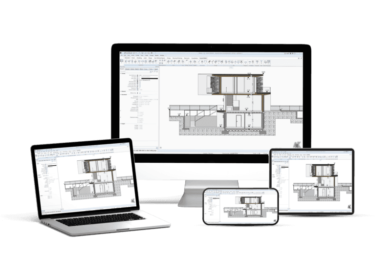Digital architectural design software displayed on a desktop monitor, laptop, tablet, and smartphone.